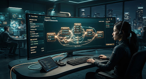Data science workspace with a neural workflow graph on a curved monitor